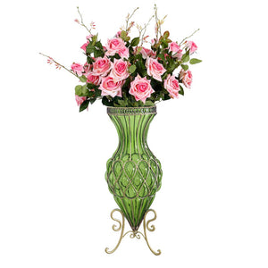 SOGA 67cm Green Glass Tall Floor Vase and 12pcs Pink Artificial Fake Flower Set Soga