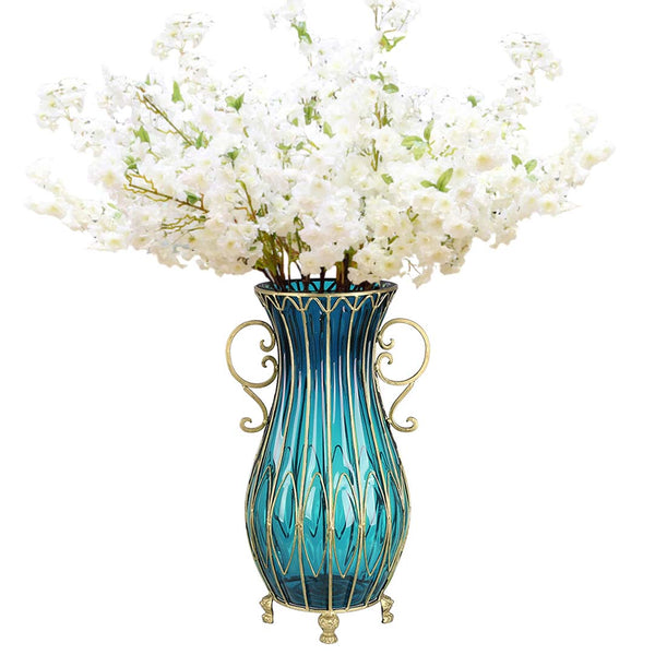 SOGA 51cm Blue Glass Tall Floor Vase and 10pcs White Artificial Fake Flower Set Soga