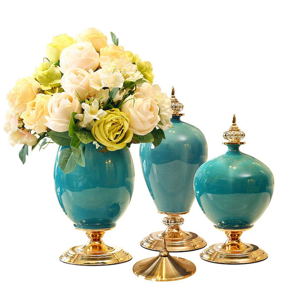 SOGA 3X Ceramic Oval Flower Vase with White Flower Set Green Soga