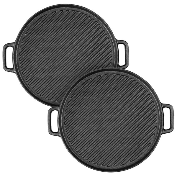 SOGA 2X 30cm Round Cast Iron Ribbed BBQ Pan Skillet Steak Sizzle Platter with Handle Soga