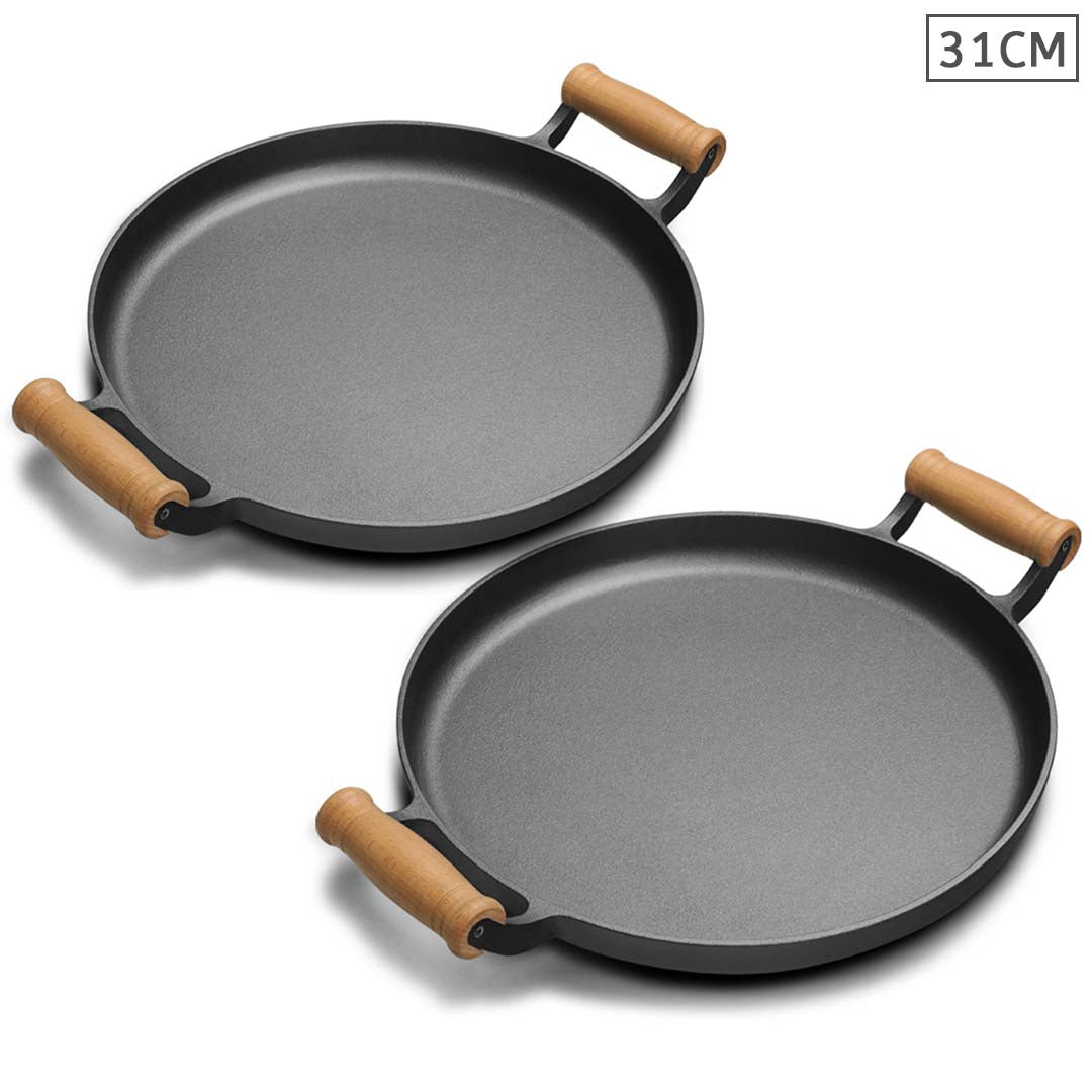 SOGA 2X 31cm Cast Iron Frying Pan Skillet Steak Sizzle Fry Platter With Wooden Handle No Lid Soga