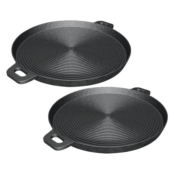 SOGA 2X 35cm Round Ribbed Cast Iron Frying Pan Skillet Steak Sizzle Platter with Handle Soga