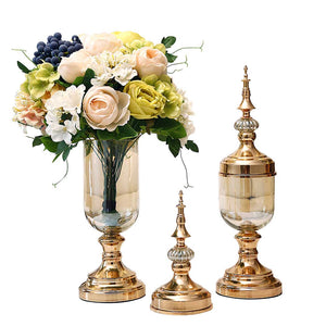 SOGA 2X Clear Glass Flower Vase with Lid and White Flower Filler Vase Gold Set Soga