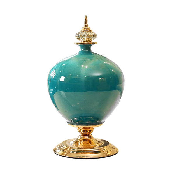 SOGA 38.50cm Ceramic Oval Flower Vase with Gold Metal Base Green Soga