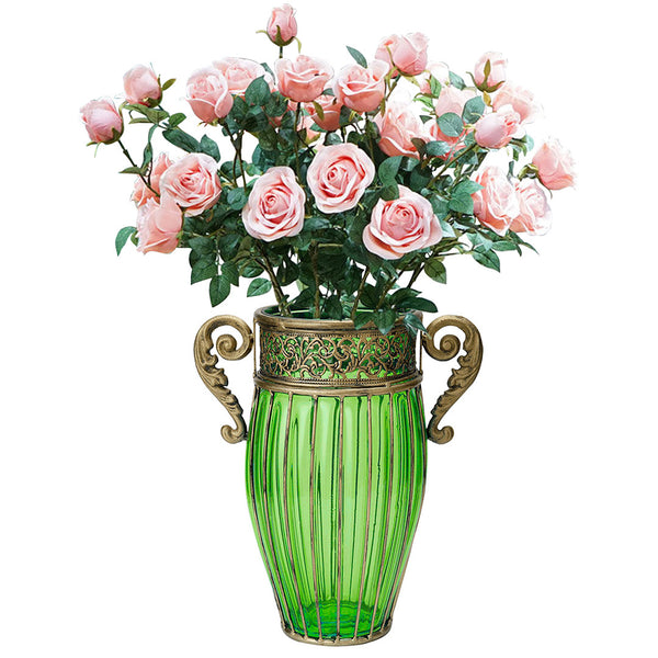SOGA Green Glass Flower Vase with 8 Bunch 5 Heads Artificial Fake Silk Rose Home Decor Set Soga