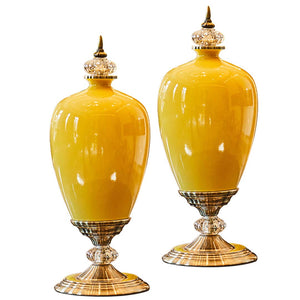 SOGA 2X 42cm Ceramic Oval Flower Vase with Gold Metal Base Yellow Soga