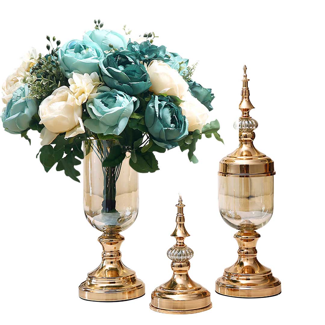 SOGA 2X Clear Glass Flower Vase with Lid and Blue Flower Filler Vase Gold Set Soga