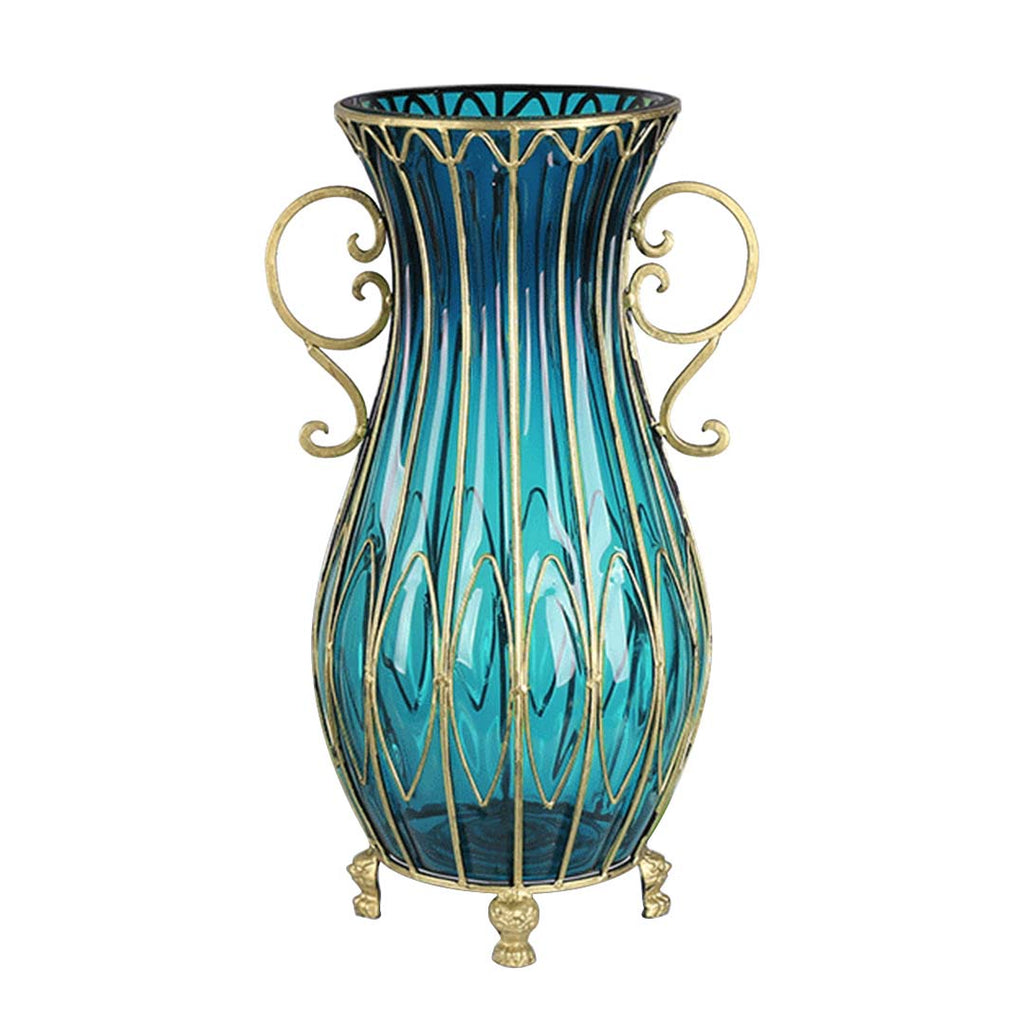 SOGA 51cm Blue Glass Oval Floor Vase with Metal Flower Stand Soga