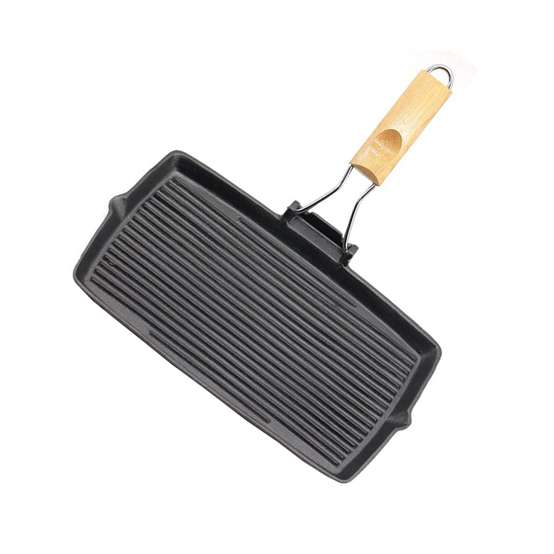 SOGA 20.5cm Rectangular Cast Iron Griddle Grill Frying Pan with Folding Wooden Handle Soga