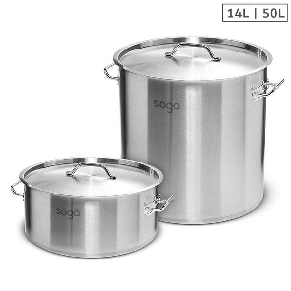 SOGA 14L Wide Stock Pot  and 50L Tall Top Grade Thick Stainless Steel Stockpot 18/10 Soga