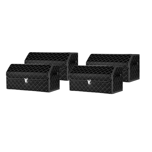 SOGA 4X Leather Car Boot Collapsible Foldable Trunk Cargo Organizer Portable Storage Box Black/White Stitch with Lock Medium Soga