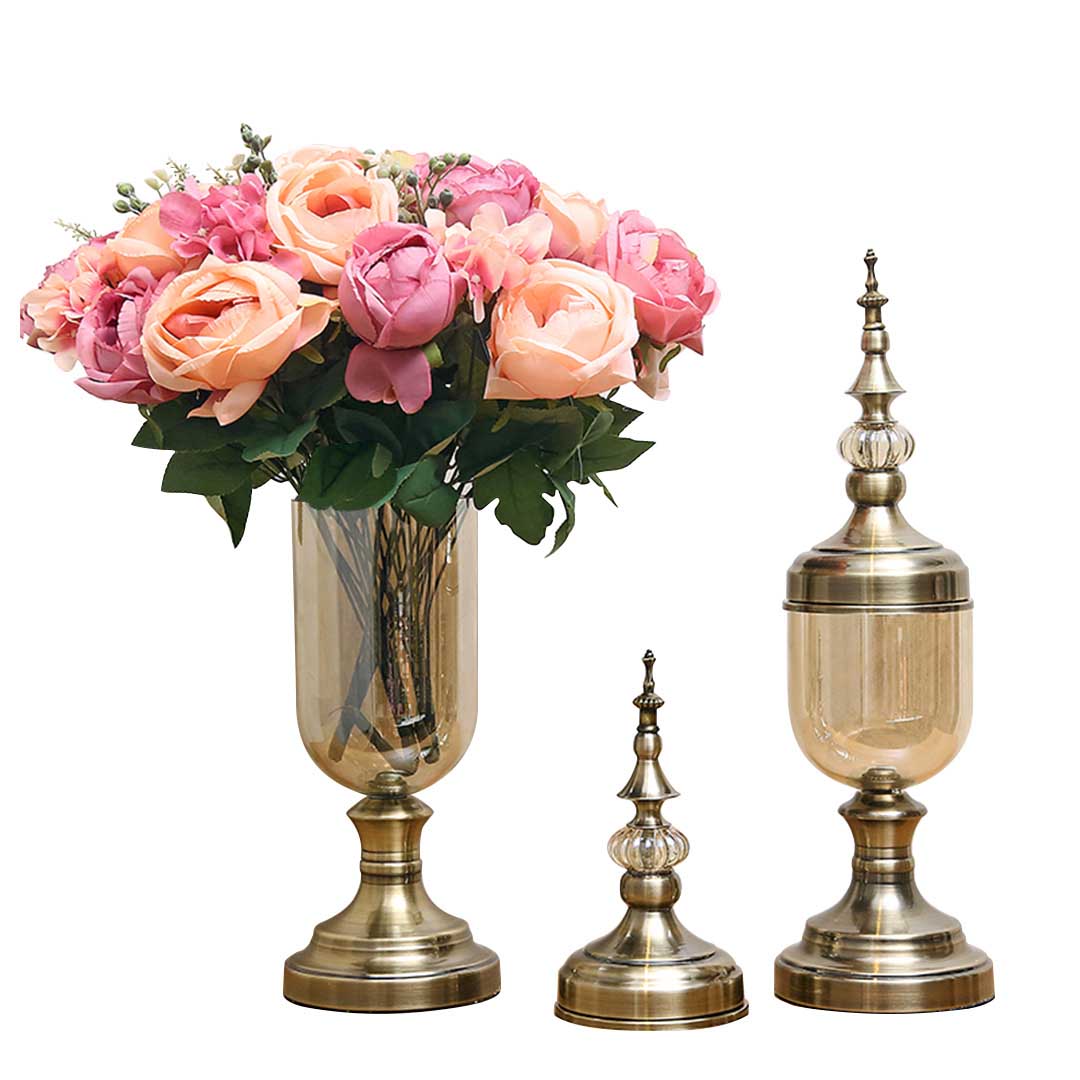 SOGA 2X Clear Glass Flower Vase with Lid and Pink Flower Filler Vase Bronze Set Soga