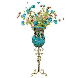 SOGA 85cm Blue Glass Tall Floor Vase and 12pcs Blue Artificial Fake Flower Set Soga