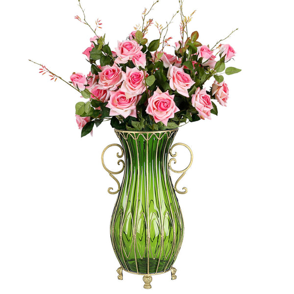 SOGA 51cm Green Glass Tall Floor Vase with 12pcs Pink Artificial Fake Flower Set Soga