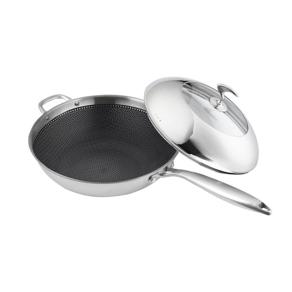 SOGA 18/10 Stainless Steel Fry Pan 32cm Frying Pan Top Grade Non Stick Interior Skillet with Helper Handle and Lid Soga
