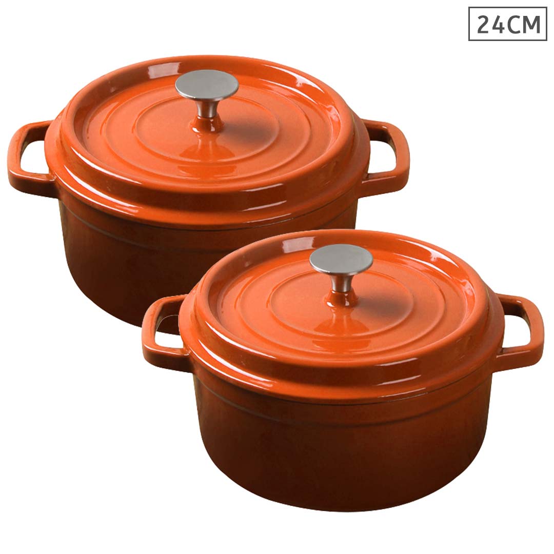 SOGA 2X Cast Iron 24cm Enamel Porcelain Stewpot Casserole Stew Cooking Pot With Lid Orange Soga