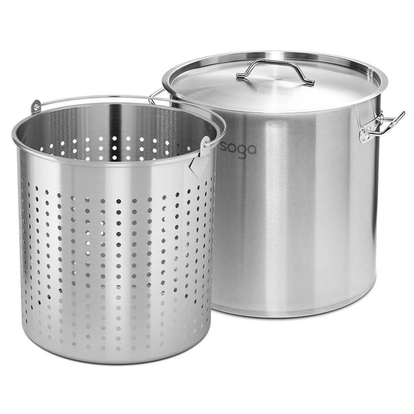 SOGA 130L 18/10 Stainless Steel Stockpot with Perforated Stock pot Basket Pasta Strainer Soga