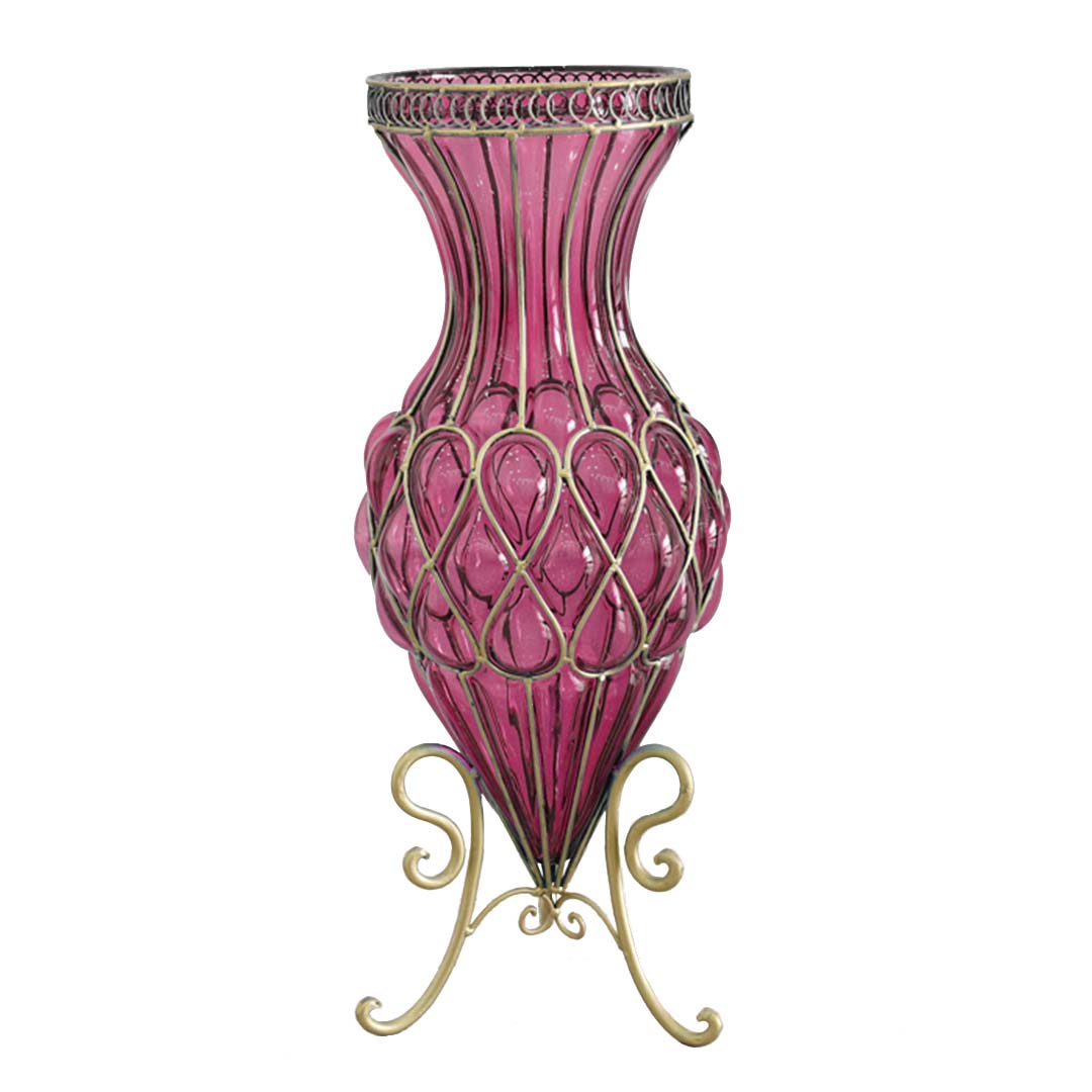 SOGA 67cm Purple Glass Tall Floor Vase with Metal Flower Stand Soga