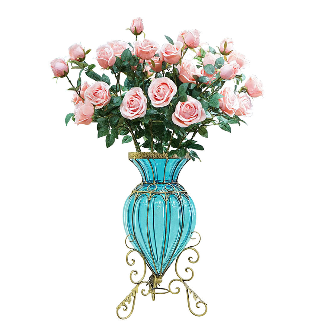 SOGA Blue Colored Glass Floor Flower Vase 8 Bunch 5 Heads Artificial Fake Silk Rose Home Decor Set Soga