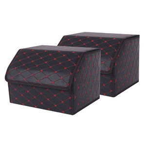 SOGA 2X Leather Car Boot Collapsible Foldable Trunk Cargo Organizer Portable Storage Box Black/Red Stitch Medium Soga