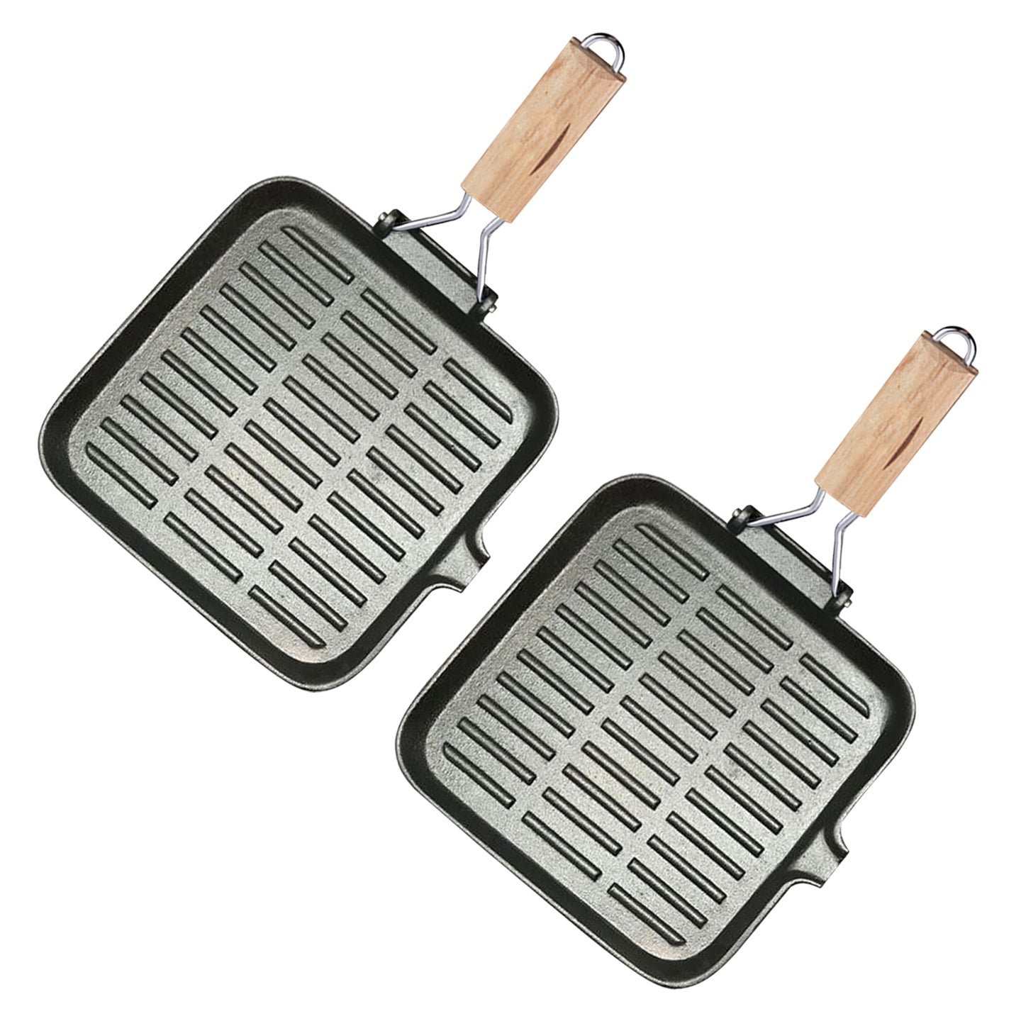 SOGA 2X 28cm Ribbed Cast Iron Square Steak Frying Grill Skillet Pan with Folding Wooden Handle Soga