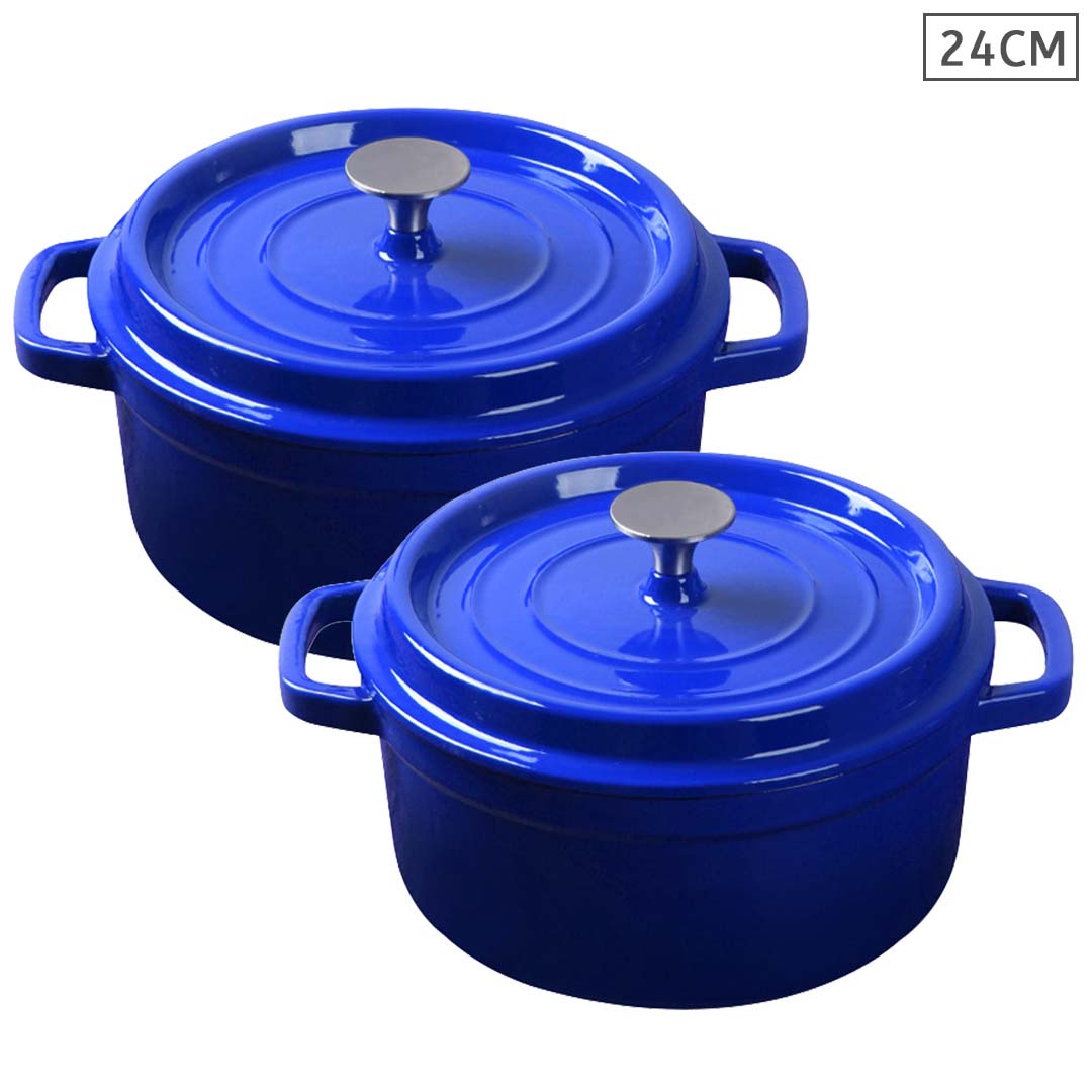 SOGA 2X Cast Iron 24cm Enamel Porcelain Stewpot Casserole Stew Cooking Pot With Lid Blue Soga