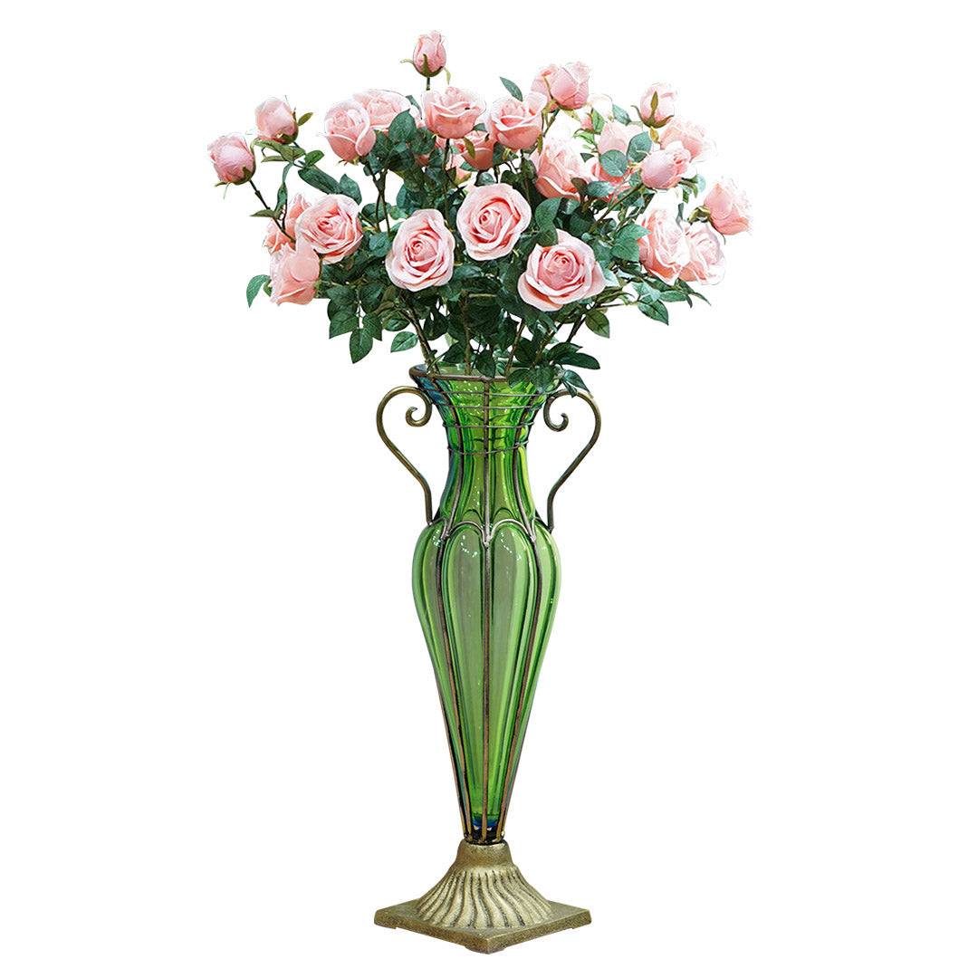SOGA Green Colored Glass Flower Vase with 8 Bunch 5 Heads Artificial Fake Silk Rose Home Decor Set Soga