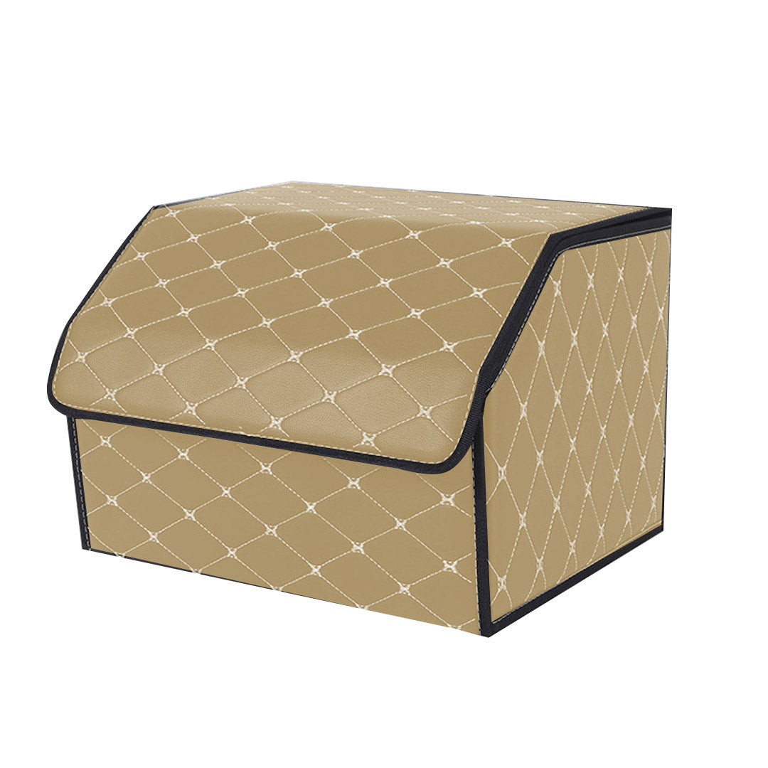 SOGA Leather Car Boot Collapsible Foldable Trunk Cargo Organizer Portable Storage Box Beige/Gold Stitch Medium Soga