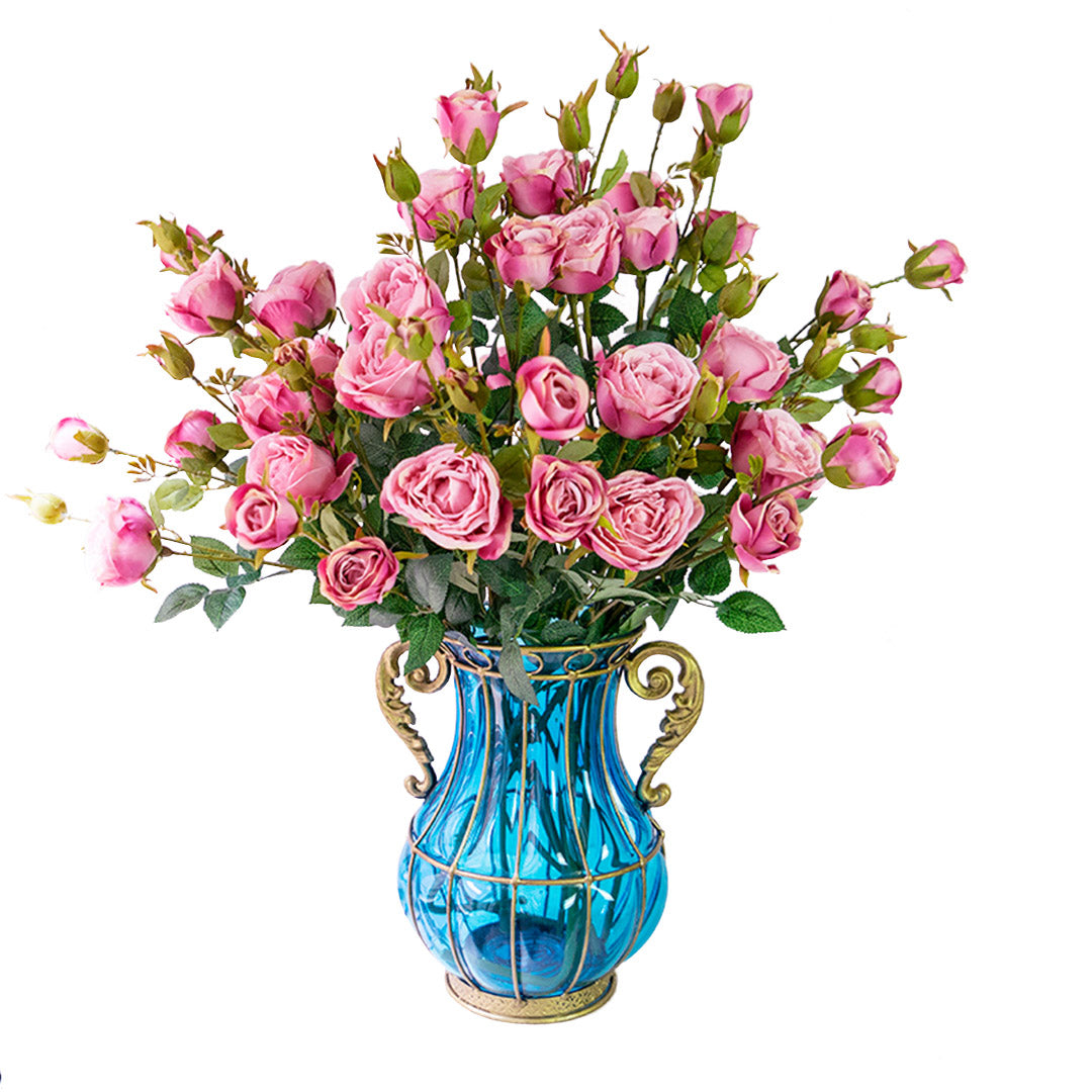 SOGA Blue Colored Glass Flower Vase with 10 Bunch 6 Heads Artificial Fake Silk Rose Home Decor Set Soga