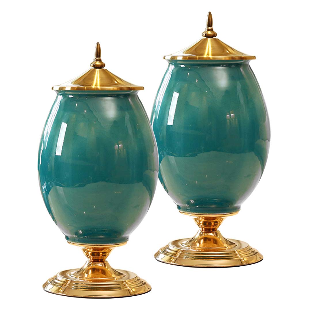 SOGA 2X 40cm Ceramic Oval Flower Vase with Gold Metal Base Green Soga