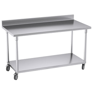 SOGA 150cm Commercial Catering Kitchen Stainless Steel Prep Work Bench Table with Backsplash and Caster Wheels Soga