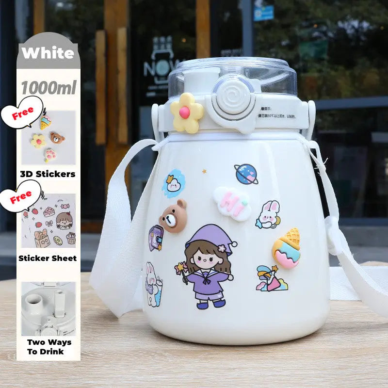 1000ml Large Water Bottle Stainless Steel Straw Water Jug with FREE Sticker Packs (White) Deals499