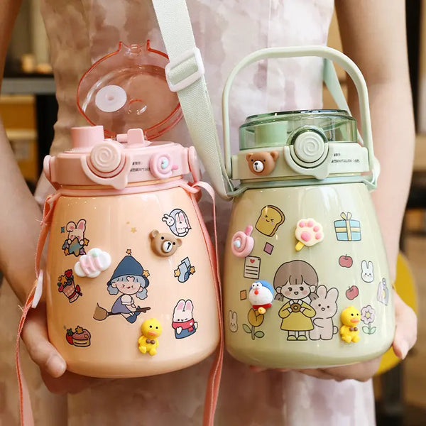 1000ml Large Water Bottle Stainless Steel Straw Water Jug with FREE Sticker Packs (White) Deals499