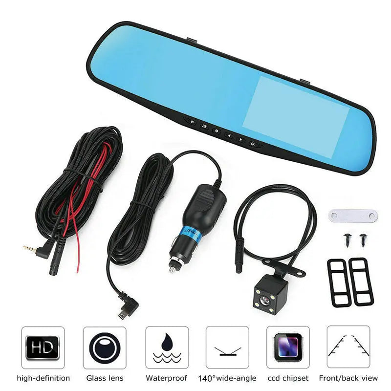 1080P Rear View Reversing Mirror 4.3'' Front And Rear DVR Car Dash Camera Dual Lens Deals499