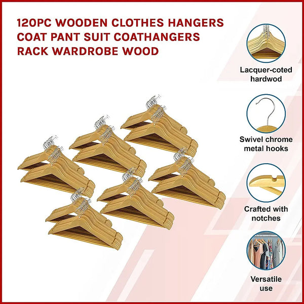 120pc Wooden Clothes Hangers Coat Pant Suit Coathangers Rack Wardrobe Wood from Deals499 at Deals499