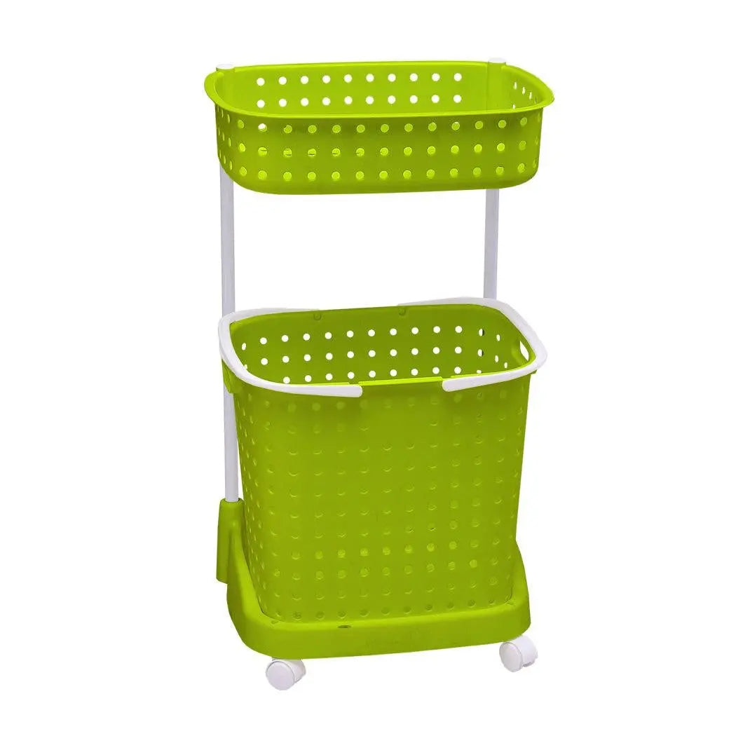 2 Tier Bathroom Laundry Clothes Baskets Bin Hamper Mobile Rack Removable Shelf Deals499