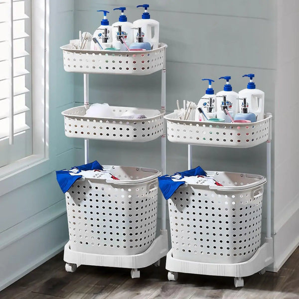 2 Tier Bathroom Laundry Clothes Baskets Bin Hamper Mobile Rack Removable Shelf Deals499
