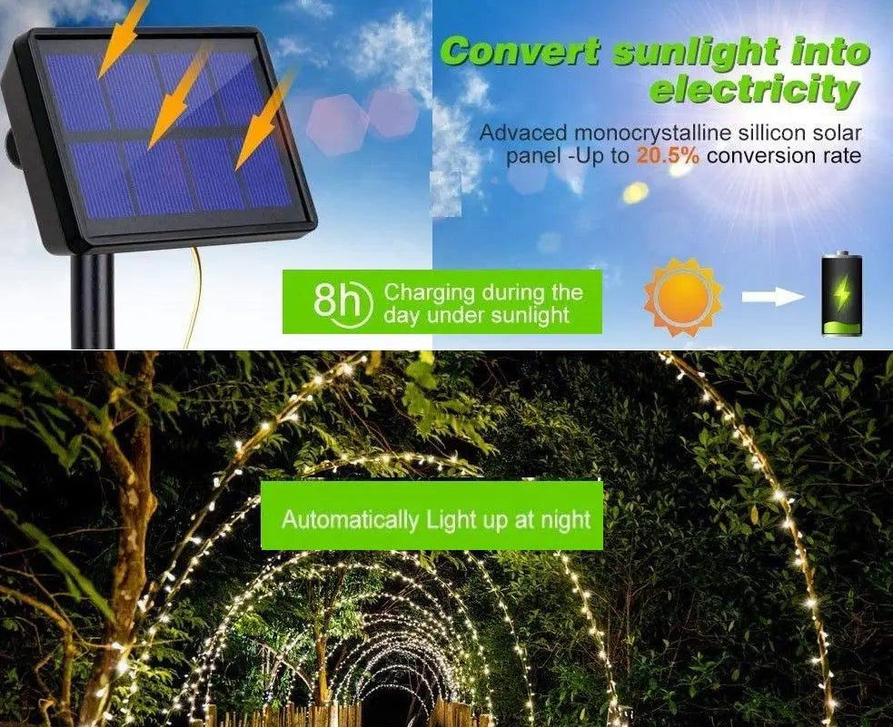 20m 200 LED Solar Powered Outdoor Lights with 8 Lighting Modes and Waterproof for Home,Garden and Decoration Deals499