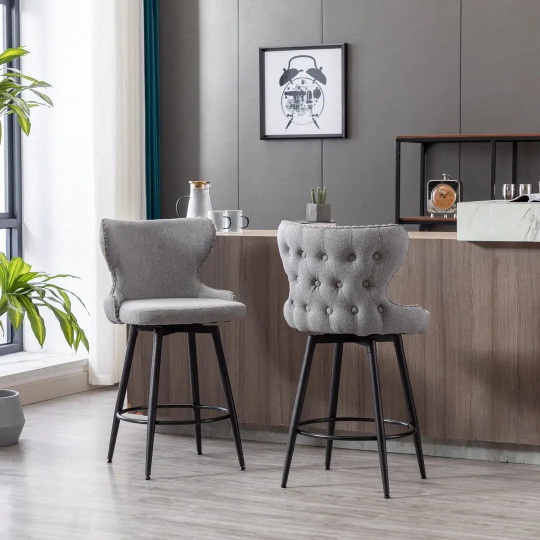 2x Swivel Bar Stools Tufted Counter Chairs with Stud Trim and Metal Base-Dark Grey Deals499