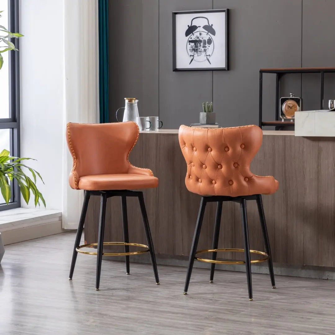 2x Swivel Bar Stools Tufted Counter Chairs with Stud Trim and Metal Base-Orange Deals499