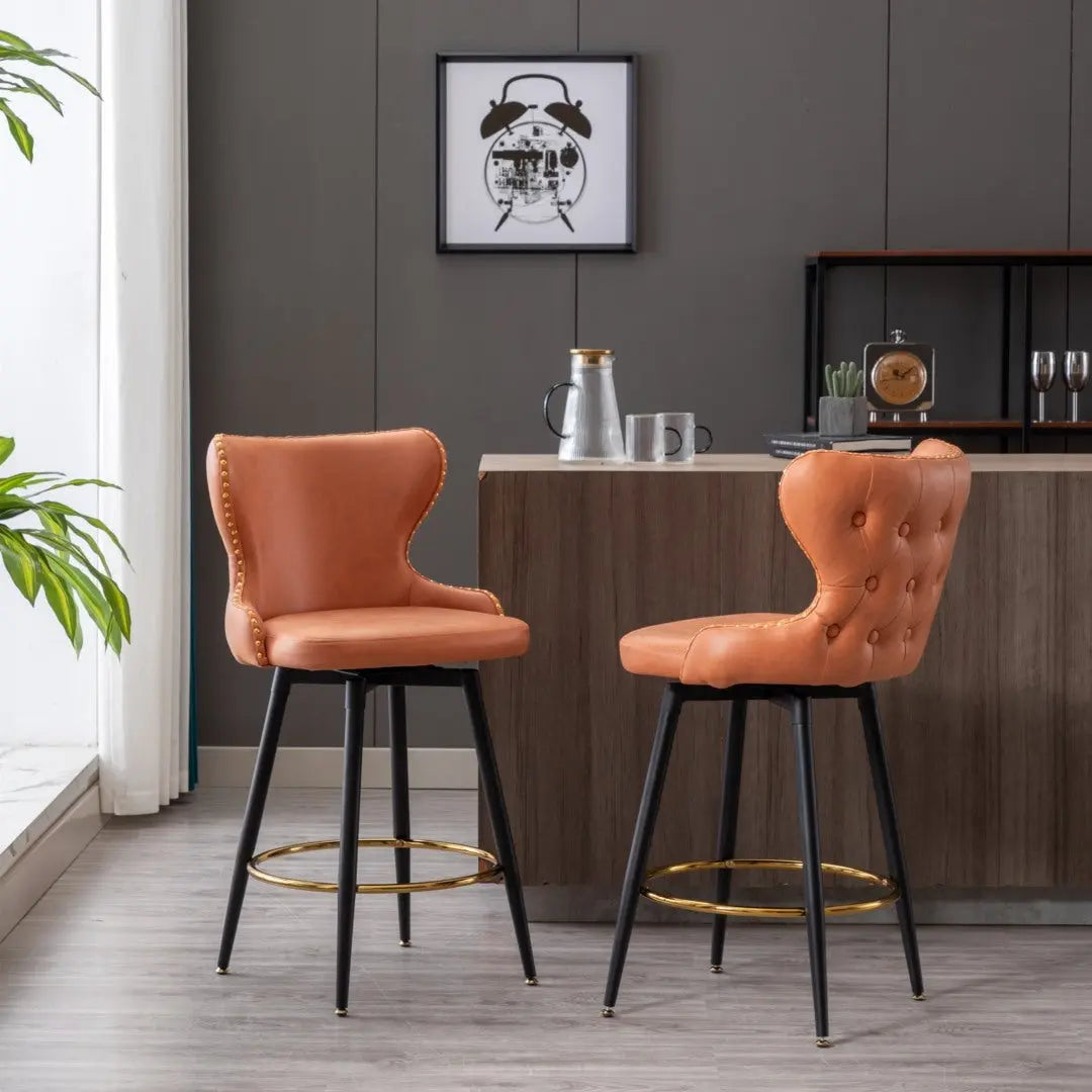 2x Swivel Bar Stools Tufted Counter Chairs with Stud Trim and Metal Base-Orange Deals499