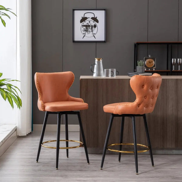 2x Swivel Bar Stools Tufted Counter Chairs with Stud Trim and Metal Base-Orange Deals499