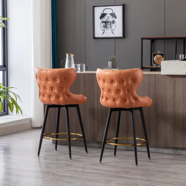 2x Swivel Bar Stools Tufted Counter Chairs with Stud Trim and Metal Base-Orange Deals499