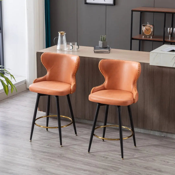 2x Swivel Bar Stools Tufted Counter Chairs with Stud Trim and Metal Base-Orange Deals499