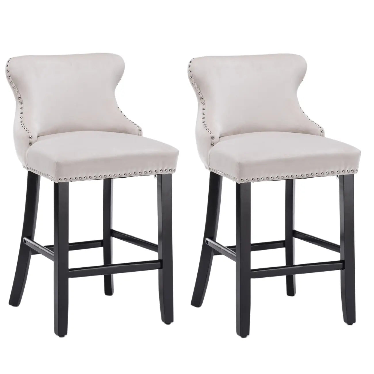 2x Velvet Upholstered Button Tufted Bar Stools with Wood Legs and Studs-Beige Deals499