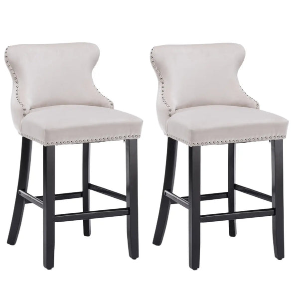2x Velvet Upholstered Button Tufted Bar Stools with Wood Legs and Studs-Beige Deals499