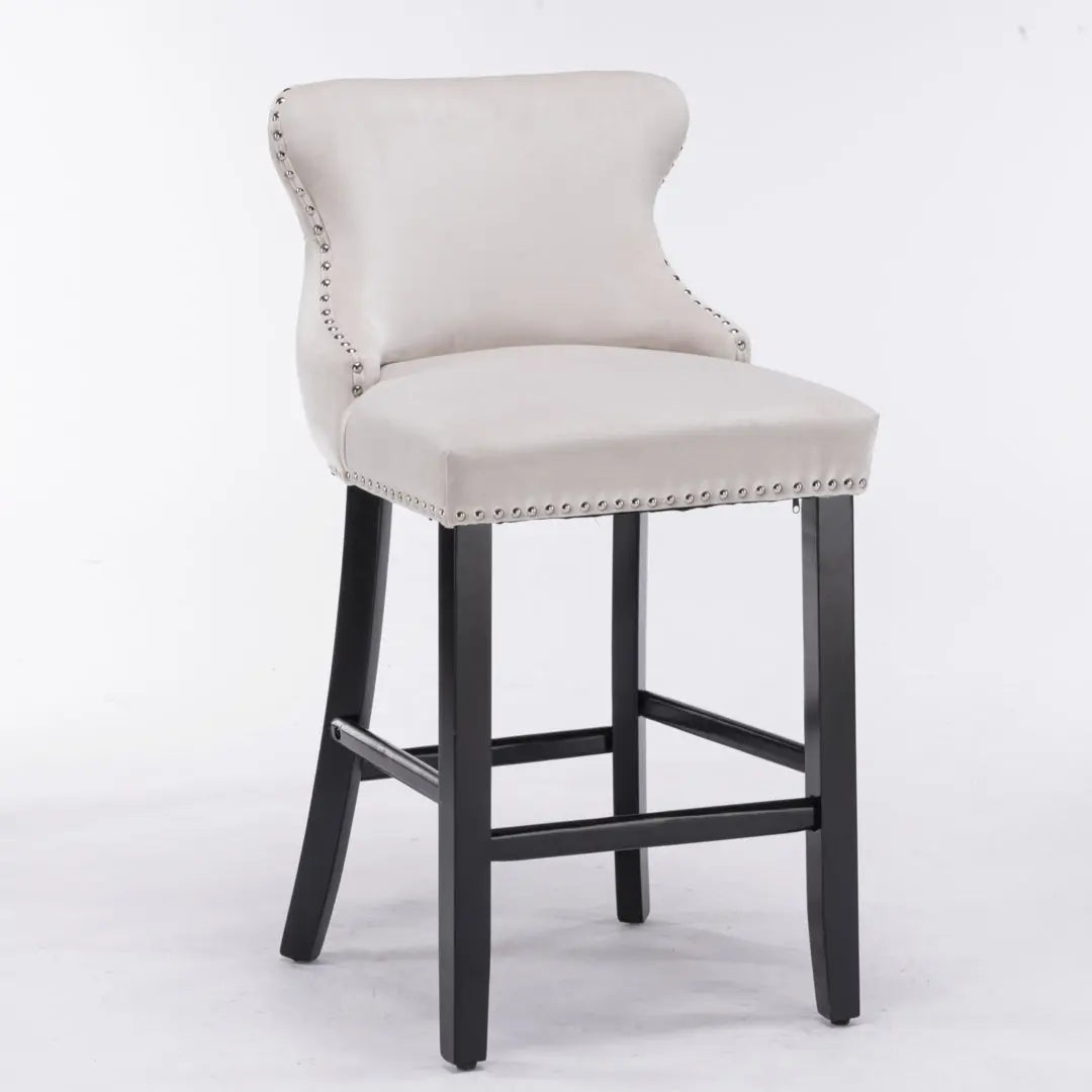 2x Velvet Upholstered Button Tufted Bar Stools with Wood Legs and Studs-Beige Deals499