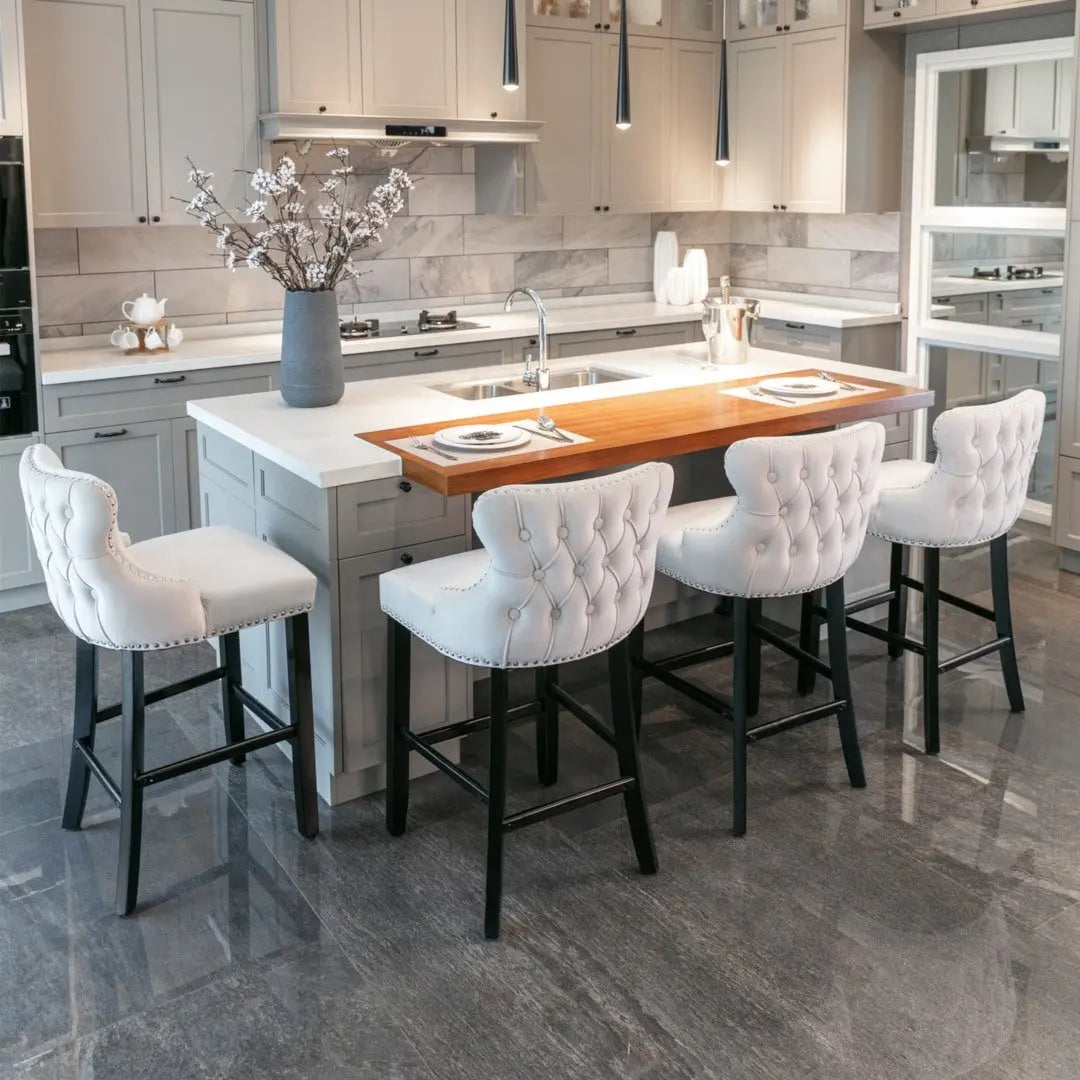 2x Velvet Upholstered Button Tufted Bar Stools with Wood Legs and Studs-Beige Deals499