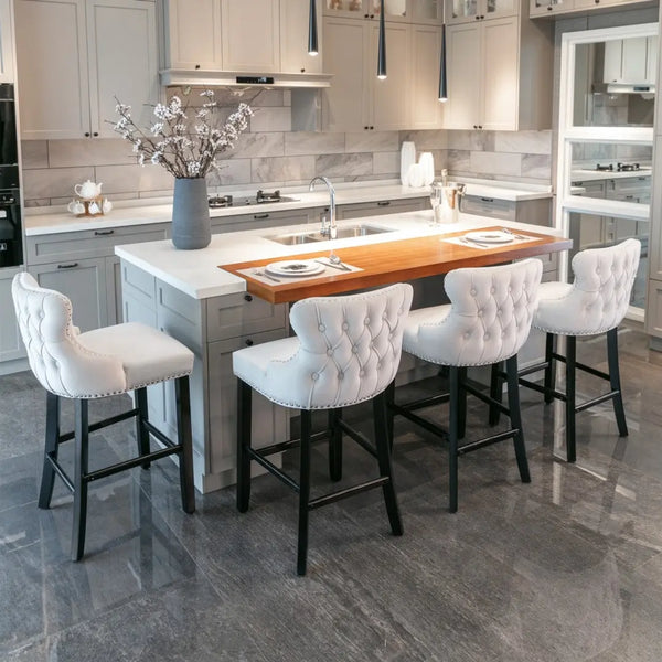 2x Velvet Upholstered Button Tufted Bar Stools with Wood Legs and Studs-Beige Deals499