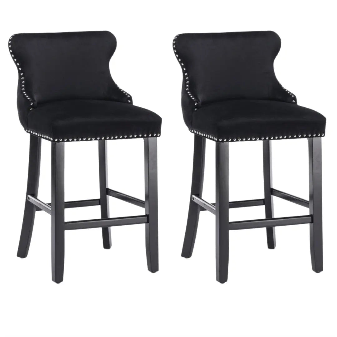 2x Velvet Upholstered Button Tufted Bar Stools with Wood Legs and Studs-Black Deals499